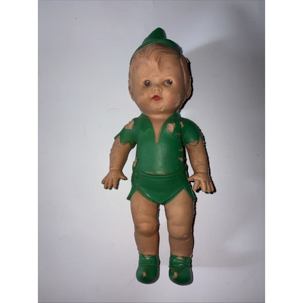 Vintage 1950's Peter Pan Squeaker Doll Figurine The Sun Rubber Co. Damaged